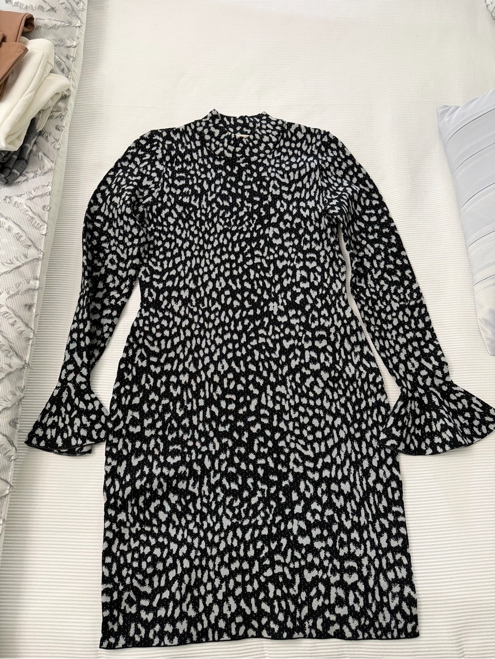 Michael Kors Black and Silver Animal Print Sparkly Long Sleeve Turtleneck Dress